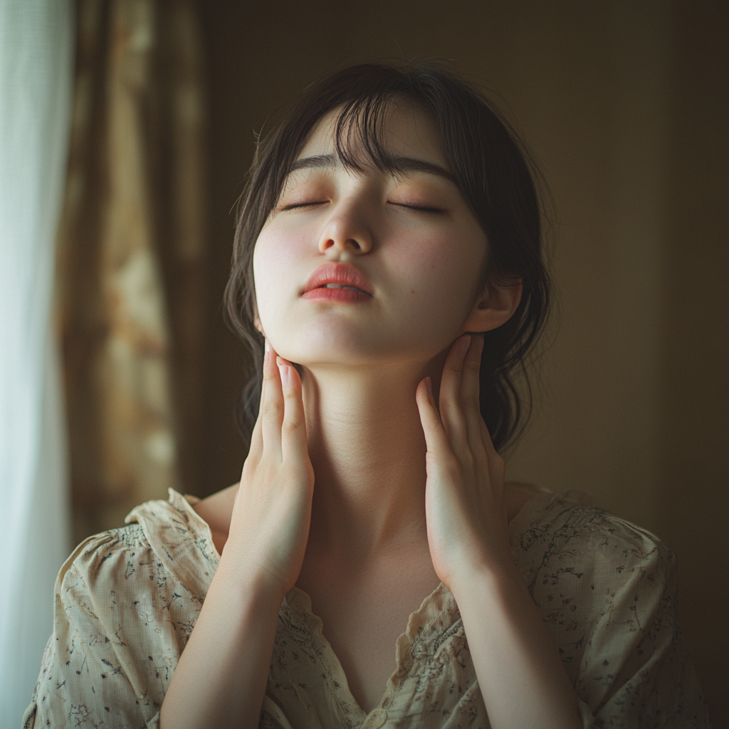 首の痛みの検査で上を向いて痛みを感じる女性