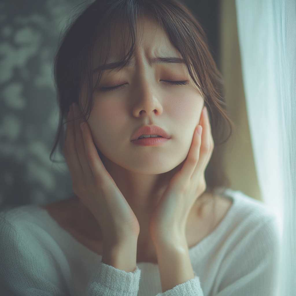 首を動かして痛みを感じる女性