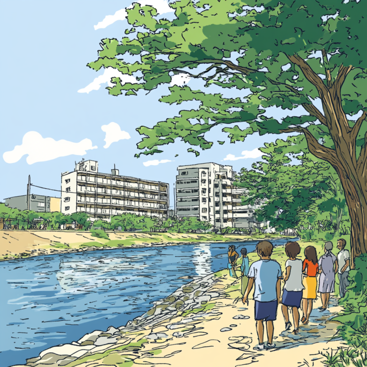多摩川 災害から助かり、談笑