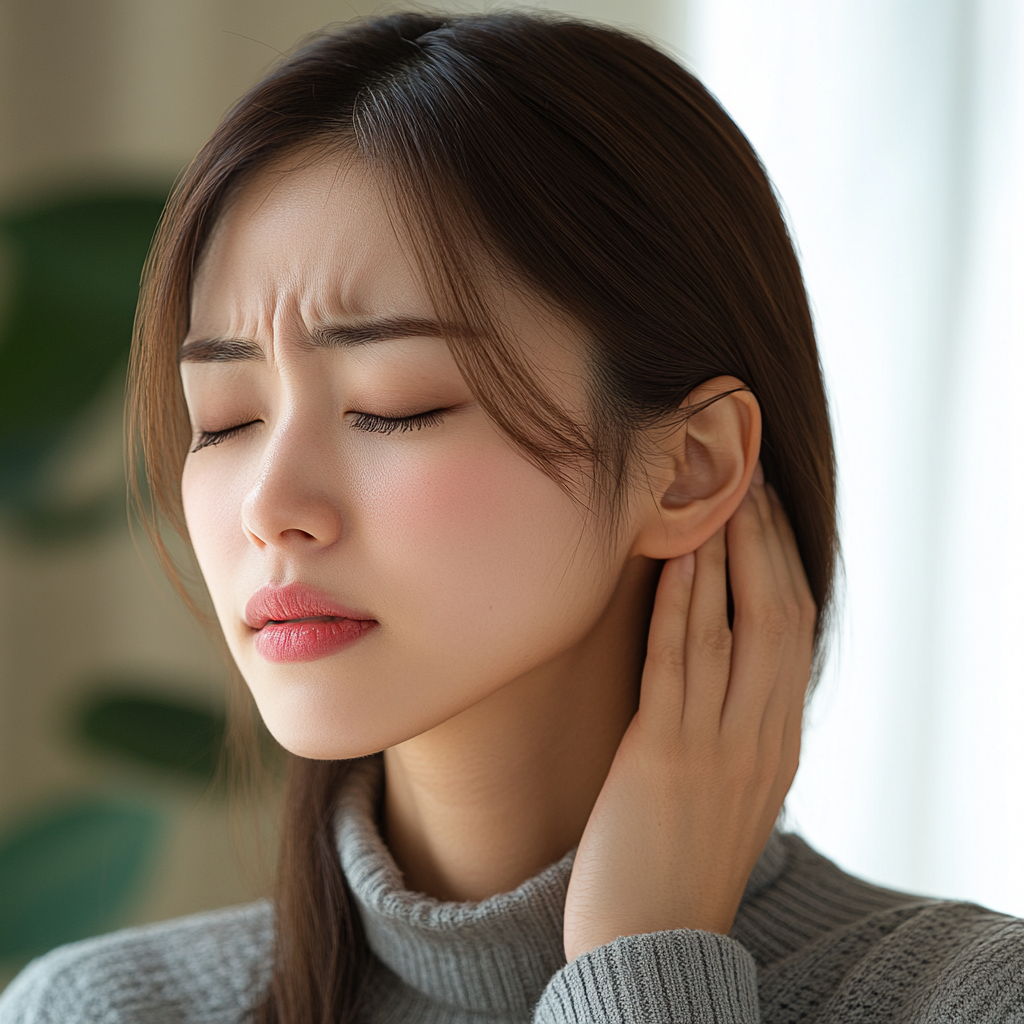 首の痛みか？病気？かで苦しんでいる女性