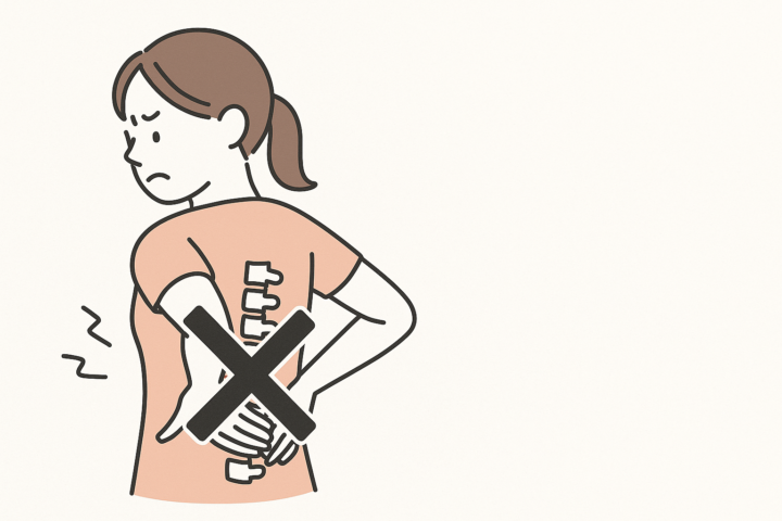 背中の痛みを自分で良くしようとする女性のイラスト。背骨を手で押す姿にバツ印が重なり、セルフコンディショニングの危険性を表現