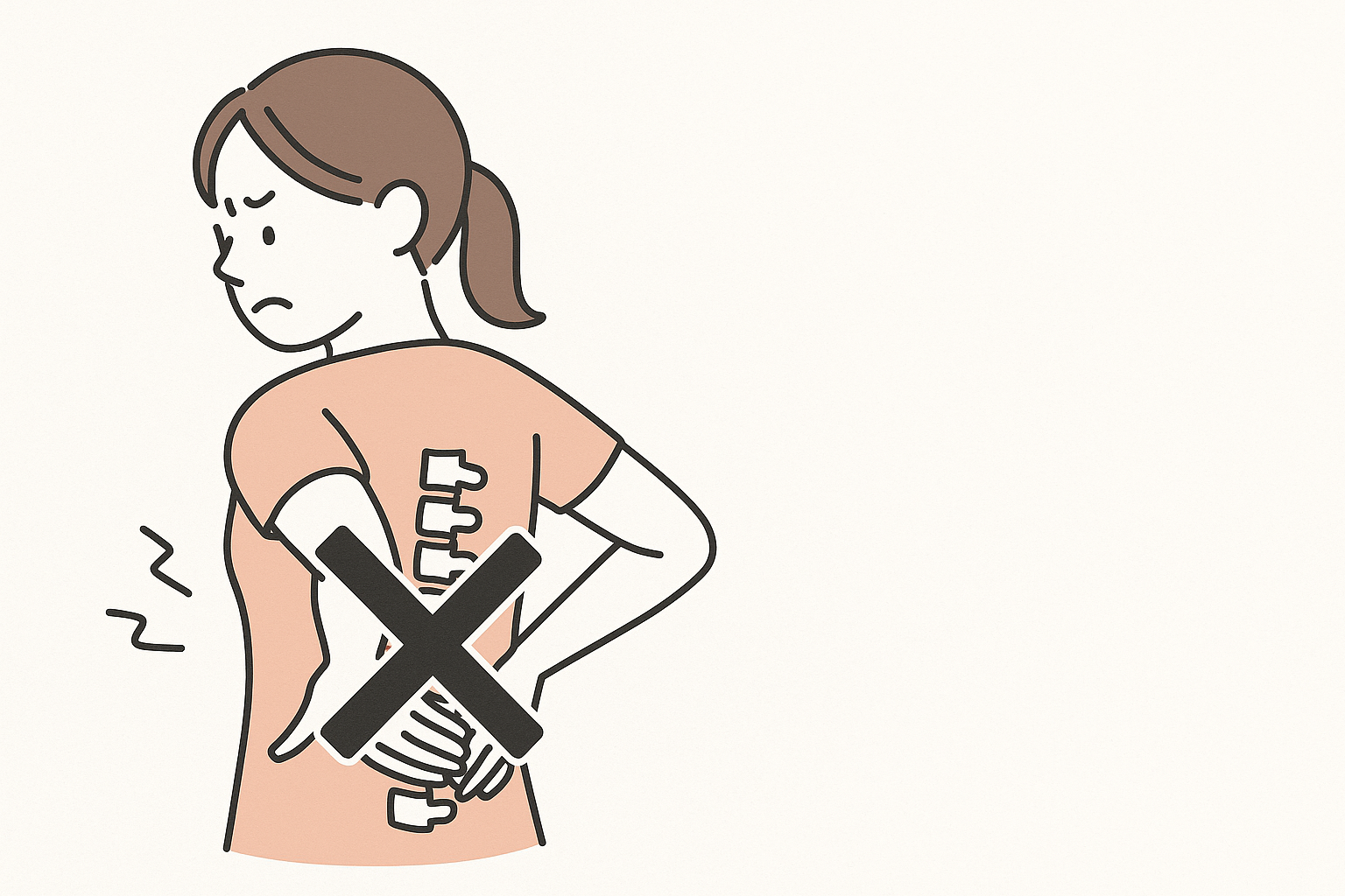 背中の痛みを自分で良くしようとする女性のイラスト。背骨を手で押す姿にバツ印が重なり、セルフコンディショニングの危険性を表現