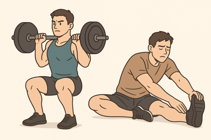 筋トレで体が硬くなるは誤解。スクワットとストレッチで柔軟性を高める男性のイラスト