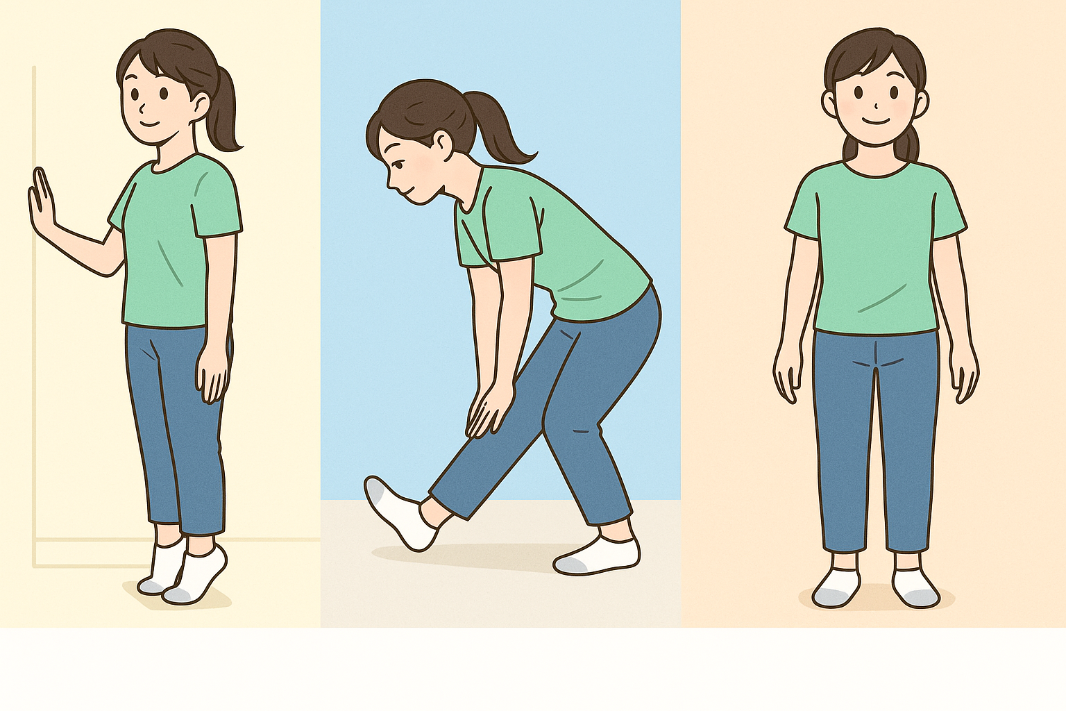 ストレッチを行う女性のイラスト。壁を使ったふくらはぎのストレッチ、ハムストリングスの前屈ストレッチ、正しい姿勢で立つポーズの3種類を紹介。柔軟性向上や姿勢改善、下半身の筋肉ケアに効果的な自宅エクササイズ