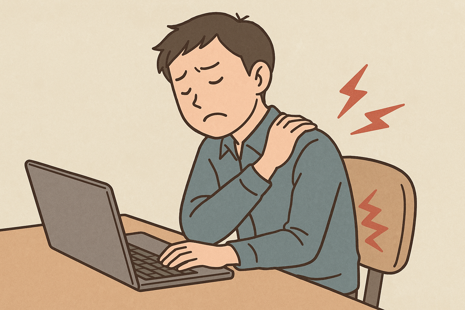 デスクワーク中に肩こりと腰痛に悩む男性のイラスト。姿勢不良と運動不足による体の不調を表現