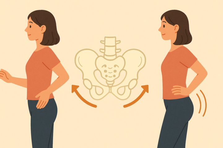 女性が骨盤の前傾と後傾を実演し、骨盤が実際に動く様子を示すイラスト