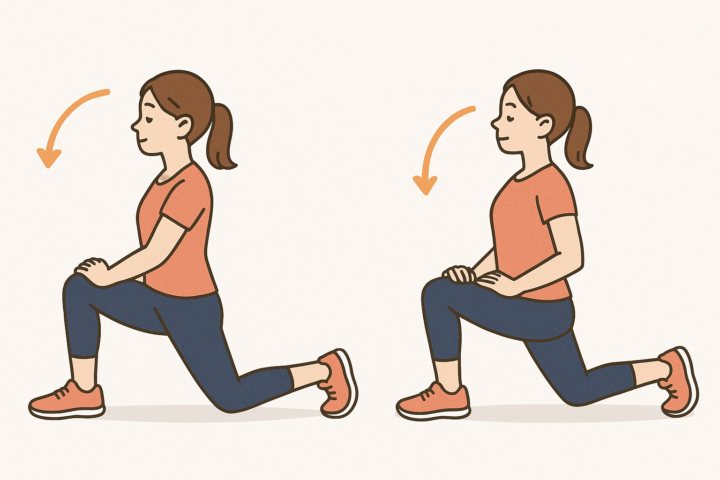 筋肉を縮めてから伸ばすストレッチを行う女性のイラスト。前後の動きで股関節まわりの柔軟性と筋機能を高める動的ストレッチの解説図