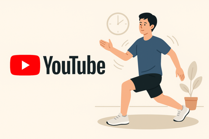 YouTubeロゴの横でダイナミックストレッチをする男性のイラスト。毎日10分の運動で障害予防に繋がることを示している