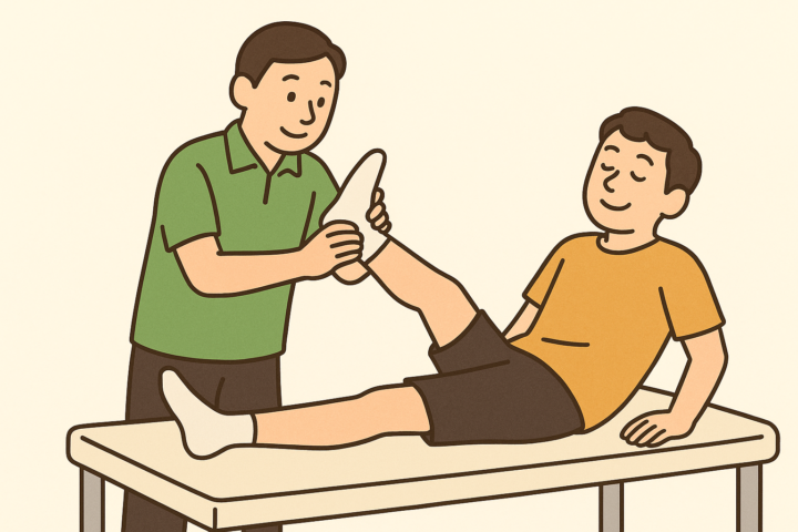 川崎市の整体院で施術を受ける男性のイラスト。緑のシャツを着た整体師がストレッチ指導を行う場面をシンプルに描写