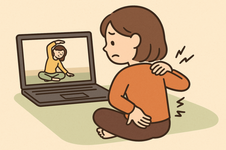 腰痛と肩こりに悩む女性がストレッチ動画を視聴しながら背中と腰を押さえているイラスト