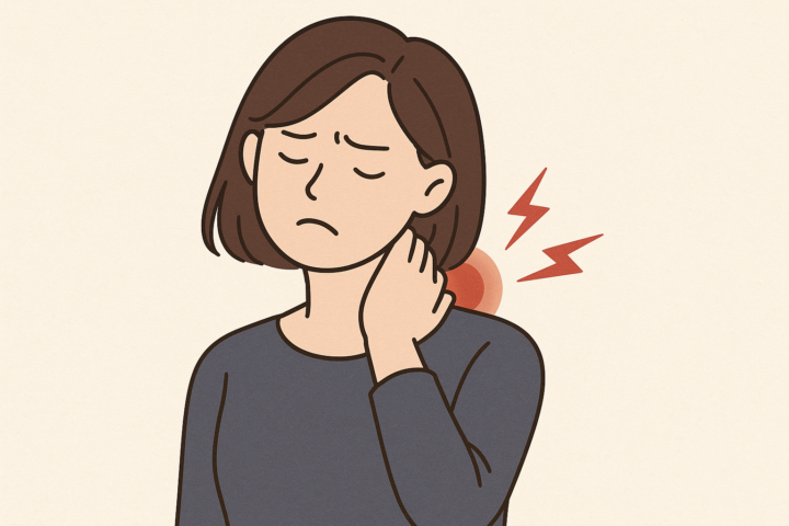 首の痛みを抱える女性のイラスト｜首コリや頚部の不調を示す横長の説明イメージ