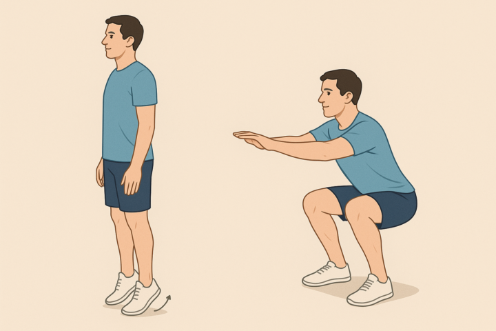 ふくらはぎのカーフレイズとスクワットを実践する男性のイラスト｜下半身エクササイズで姿勢改善・首こり対策に効果的なトレーニング例