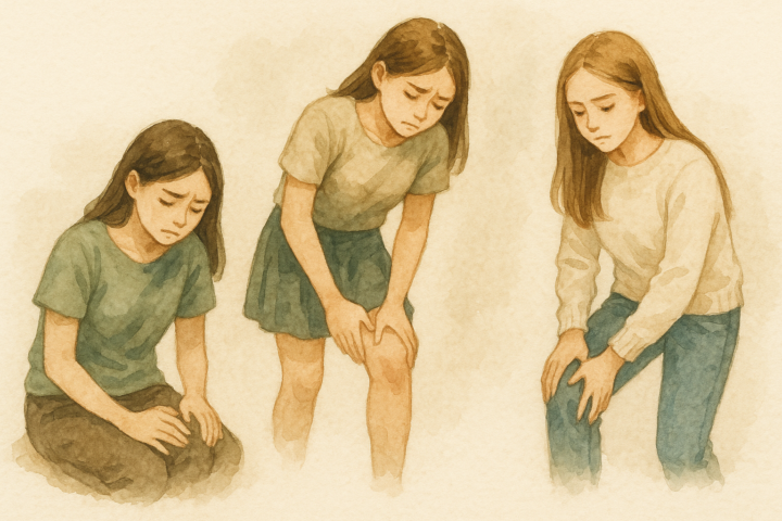 膝の痛みに悩む女子中高生の水彩イラスト｜膝痛・成長期の関節痛・若年層の膝トラブルを表現