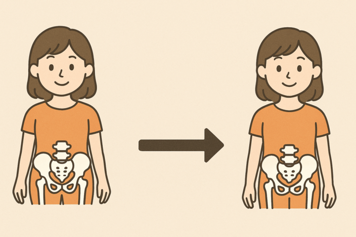 骨盤のズレや開きに対する不安が不要であることを示す、2人の女性と骨盤イラストの比較図。健康な骨盤を分かりやすく解説した横長のイラスト