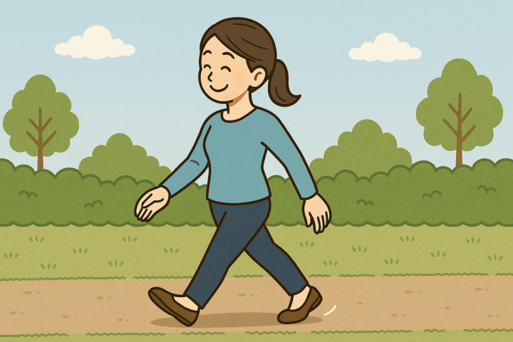 女性が公園で快適にウォーキングをしているイラスト。青いシャツとダークブルーのパンツを着た女性が、緑の木々と青空の下で軽快に歩いています。健康的な姿勢と笑顔が印象的なシンプルで明るい風景