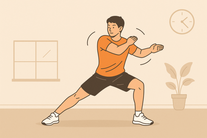 室内でダイナミックストレッチを行う男性のイラスト。ランジ姿勢で腕を振りながら関節の可動域を広げている
