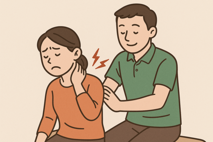 首の痛みを訴える女性に整体師が施術しているイラスト｜首こり・肩こり改善のための整体施術イメージ