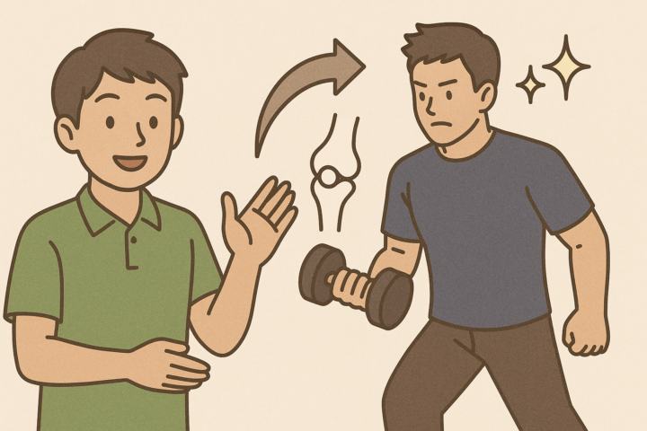 整体師が筋トレと関節の関係を説明するイラスト。ダンベルを持った男性が関節の健康を意識してトレーニングに励む様子を表現