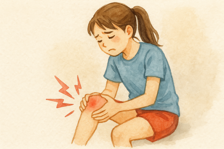 膝の痛みに苦しむ女性が座って膝を押さえている水彩画風イラスト。関節痛やスポーツ障害、成長痛の説明に適した画像