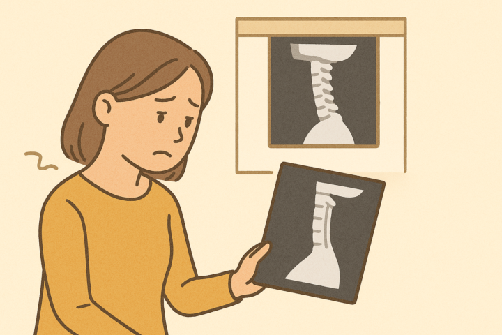 首の痛みに悩む女性が、自分の頚椎レントゲン画像を見て不安そうにしているイラスト。ストレートネックや姿勢不良による不調の診断を示す場面