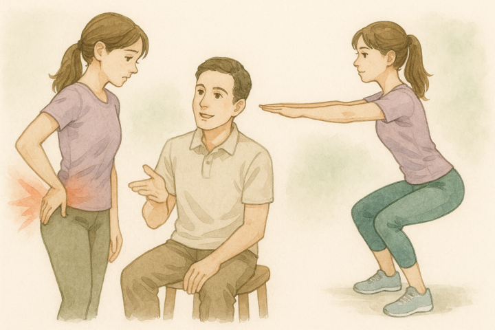 整体師が膝痛患者に椅子スクワット運動を指導する様子を描いた水彩イラスト。腰痛改善のための正しい整体指導方法と運動指導の解説図