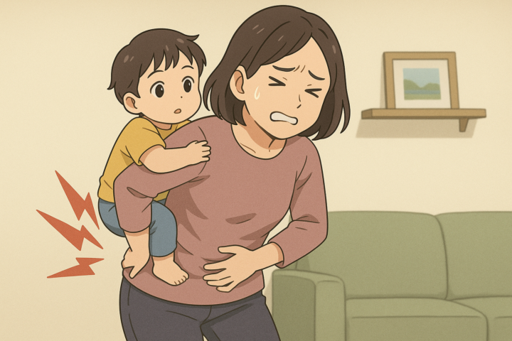 腰の痛みを強く感じている子育て中の女性
