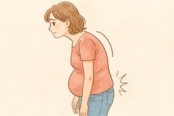 猫背でお腹が前に突き出た姿勢の若い女性を描いた水彩風イラスト。腰には痛みを示すマークがあり、背中は大きく丸まっている