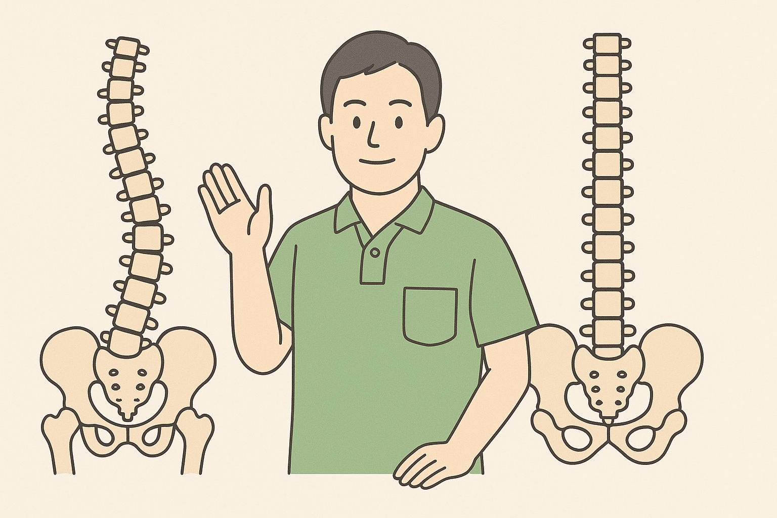 背骨と骨盤の歪みを説明する整体師のイラスト。正しい背骨と歪んだ背骨の比較を通じて姿勢改善の重要性を伝える