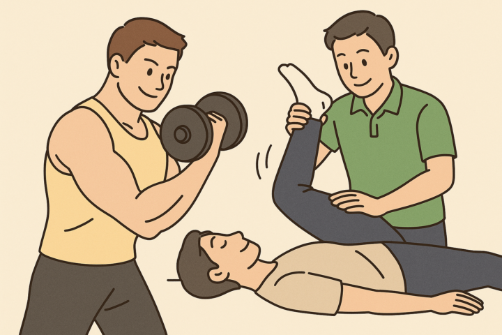 整体師がストレッチ施術を行う横で、男性がダンベルを使った筋力トレーニングを行っているイラスト。柔軟性と筋力の両立を表現
