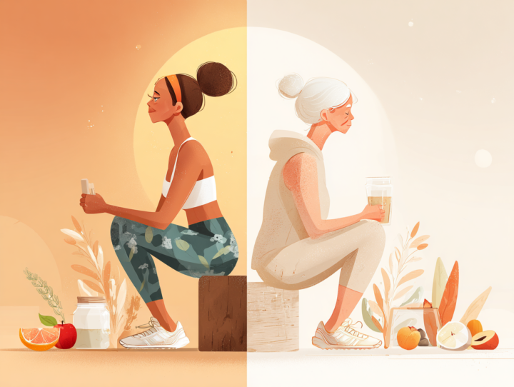 年代別の健康的な運動習慣を表現するイラスト。若い女性と高齢女性がそれぞれボックススクワットを行っている様子と、周りに配置された新鮮な果物やプロテインドリンク。