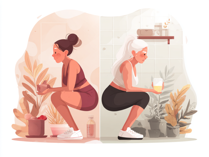 年代別の健康的な運動習慣を表現するイラスト。若い女性と高齢女性がそれぞれボックススクワットを行っている様子と、周りに配置された新鮮な果物やプロテインドリンク。