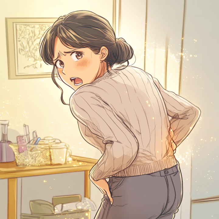 腰を押さえながら振り返る女性