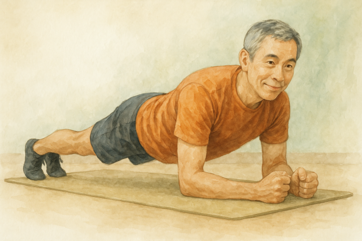 中高年の男性がヨガマットの上でプランクを実践している様子。体幹トレーニングによる姿勢改善と腰痛予防、健康寿命の延伸を目指したシニア向けフィットネスの一場面