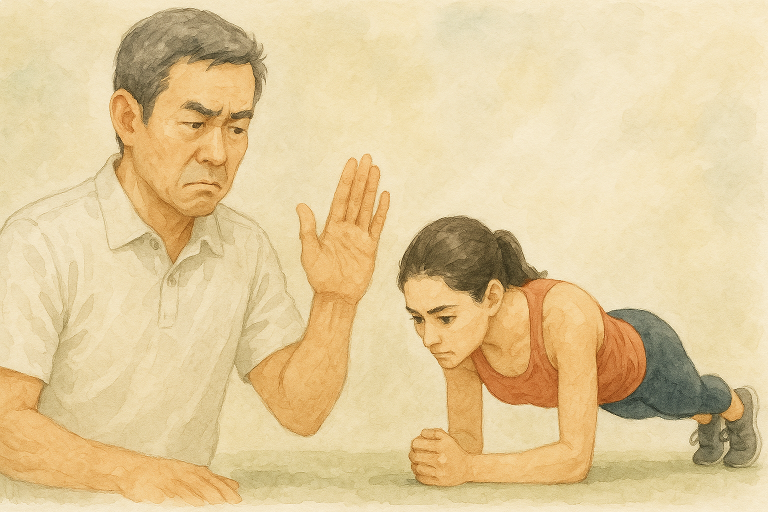 プランクだけでは腰痛改善できないことを示す水彩画イラスト｜体幹トレーニングの誤解と腰痛対策