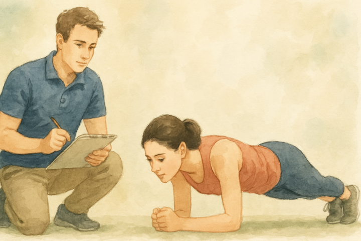 女性がトレーナーの指導のもとでプランクを実践する様子。体幹トレーニングによる姿勢改善と腰痛予防を目的としたフィットネス指導の一場面