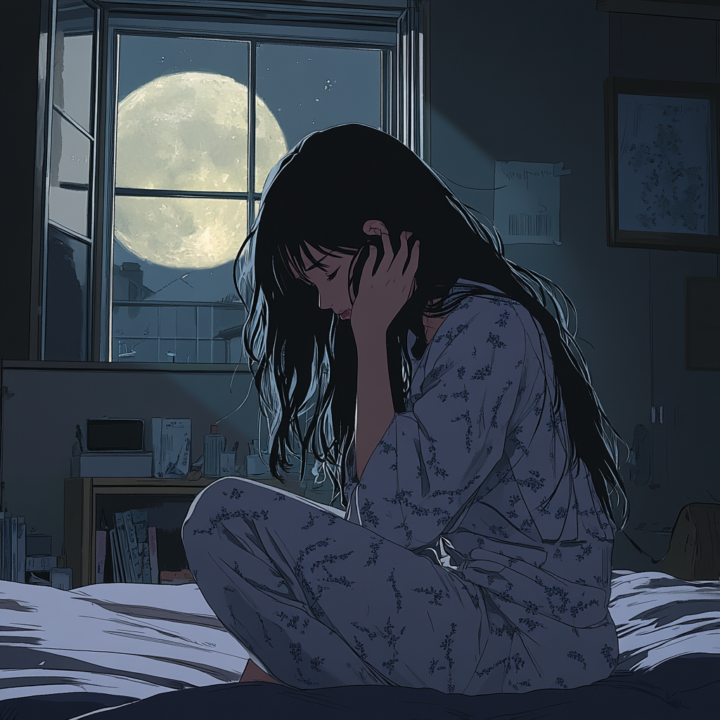 首の痛みでなかなか寝付けないで悩んでいる表情