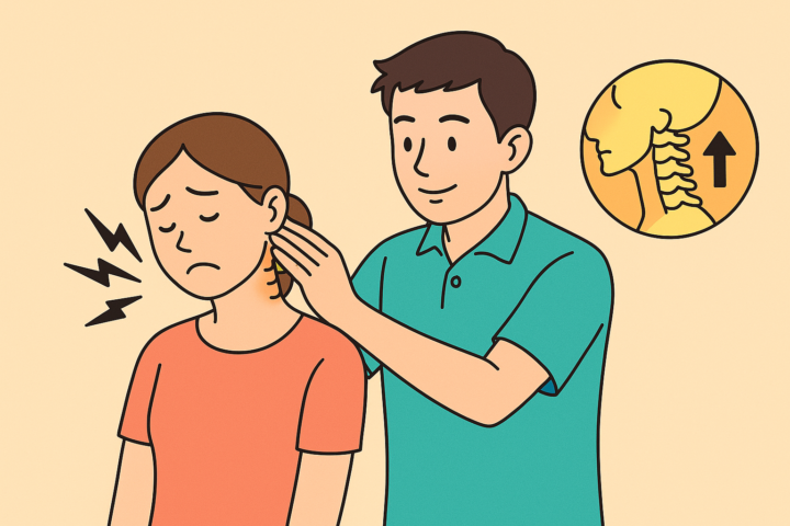首の痛みを抱える女性に対し、整体師が上部頸椎を調整している様子をイラストで表現。右上に頸椎の図解と矢印があり、上部頸椎の重要性を示す構成
