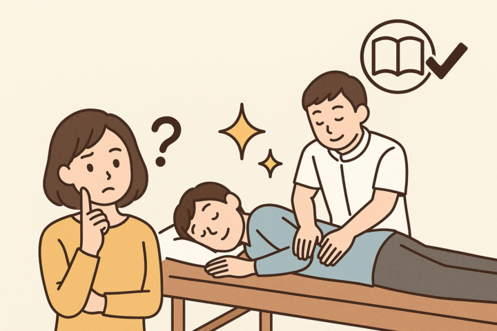 整体師選びに悩む女性と、信頼できる整体師が施術している様子を描いたイラスト。整体の技術力や信頼性を見極める重要性を表現