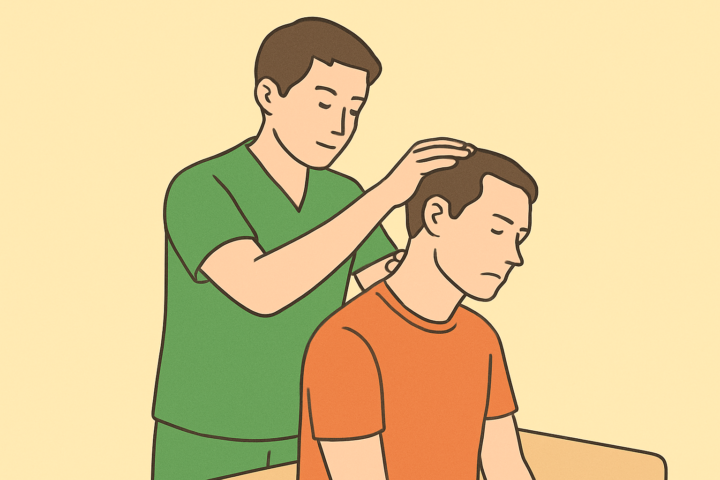 若い整体師が明るい背景の施術室で男性患者の首を調整しているフラットイラスト。頸椎矯正や首の痛み改善を示す施術シーン