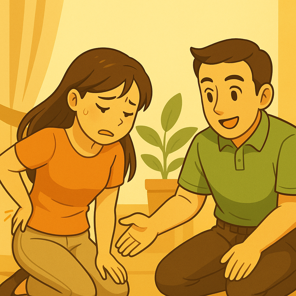 向ヶ丘遊園の整体院をイメージしたイラスト。腰に手を当てて痛がる女性と、笑顔で話しかける男性。背景に観葉植物とカーテンがあり、室内の落ち着いた雰囲気を演出