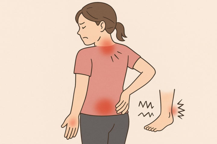 肩こりや腰痛が悪化し、手足にしびれや痛みを感じている女性のイラスト。首、腰、手首、足首に赤い痛みのサインとしびれを示す波線が描かれている