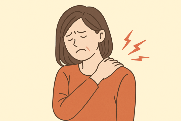 肩こりで悩む女性のイラスト。肩に痛みを感じ手を当てている様子を描いた横長画像。重度の肩こりが慢性化や神経症状に進行する危険性を示唆
