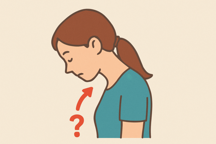 首を前に倒して顎が胸につくかチェックする女性の横向きイラスト