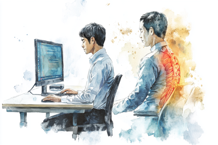 デスクワーク腰痛進行イラスト:30代日本人男性のオフィスワーカーが長時間座位により腰椎から坐骨神経痛へと症状が悪化する過程を水彩画で表現。腰痛予防・整体治療の重要性を視覚的に説明する医療教育用イラスト。