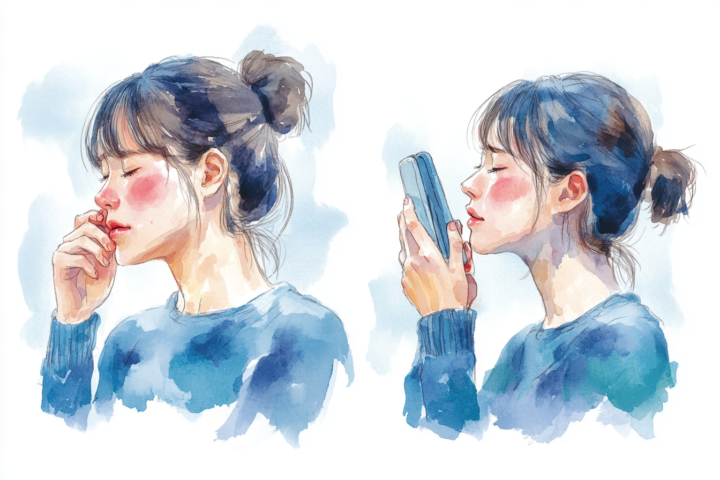 スマホ首症候群進行イラスト:日本人女性のスマートフォン使用による頚椎椎間板ヘルニア・頚椎症の症状悪化過程を水彩画で表現。首の痛み・肩こりから腕のしびれまでの進行を視覚的に説明する整体・治療院向け医療教育用イラスト。
