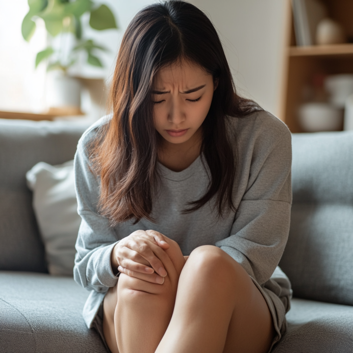 膝が痛そうな産後のお母さん 登戸の産後の骨盤矯正を受けるか?悩む