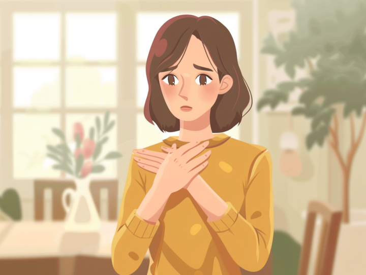 黄色いセーターを着た女性が胸の前で両手を交差させて置いているイラスト。茶色のショートヘアで、やや心配そうな表情を浮かべている。背景は明るい室内で、大きな窓から自然光が差し込み、観葉植物や花が飾られた温かみのある空間が描かれている。全体的に柔らかく優しい色調のイラスト