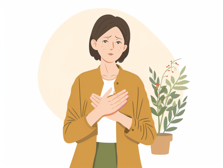 胸に手を当てて感謝や安心の気持ちを表現している女性のイラスト。茶色のカーディガンを着た中年女性が、両手を胸の前で重ね、穏やかで感謝に満ちた表情を浮かべている。背景は温かみのあるベージュ色で、右側には小さな赤い実をつけた緑の植物が鉢植えで描かれている。全体的に温かく落ち着いた雰囲気のイラスト