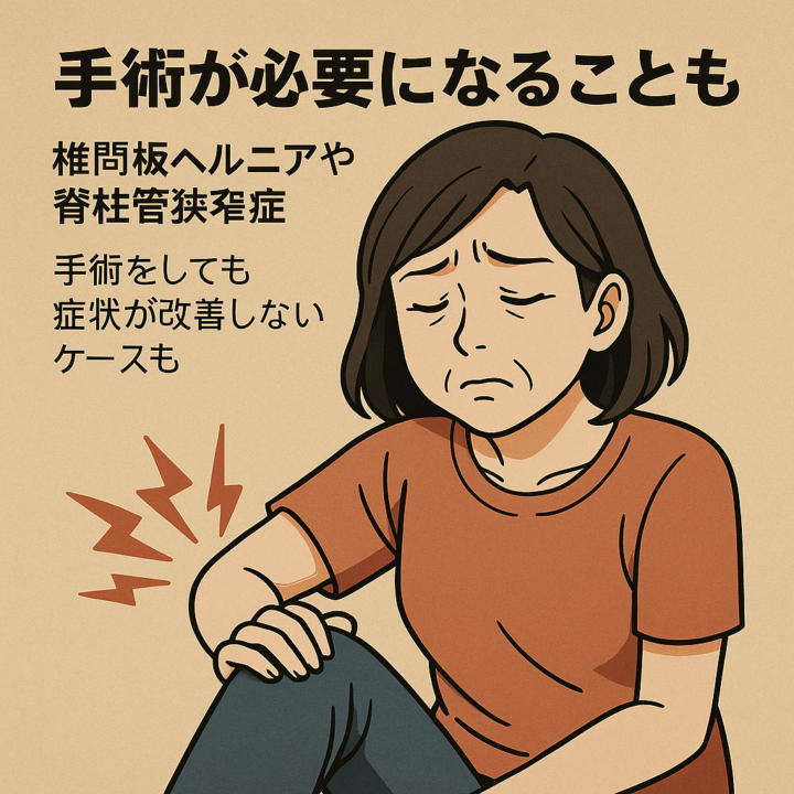 手術が必要になることも 椎間板ヘルニアや 脊柱管狭窄症 手術をしても 症状が改善しない ケースも