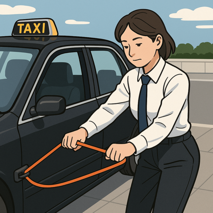 登戸駅で肩こり女性タクシードライバーがチューブトレーニング